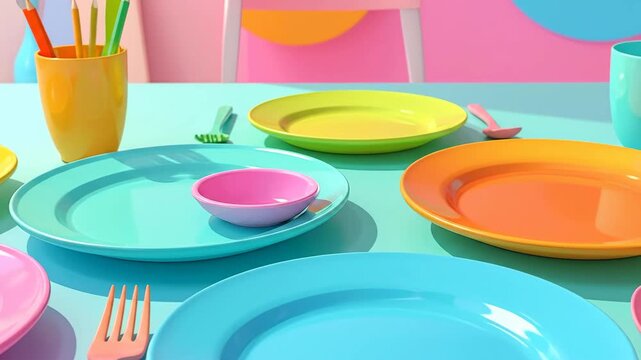 Colorful tableware set on a table with plates, cups, and utensils in vibrant colors.