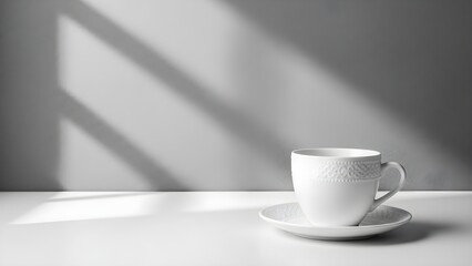 A white coffee cup on a saucer sits on a table casting soft shadows from the light