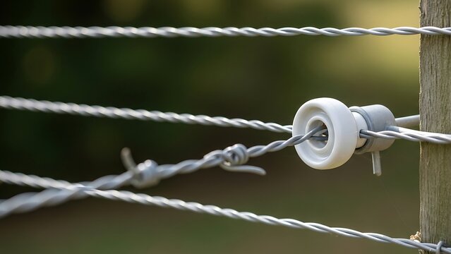 Close-up of barbed wire fence insulator.