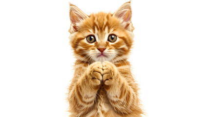 Fototapeta premium An orange tabby kitten, front-facing, with paws clasped in front and begging