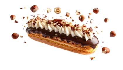 Gourmet pastry with chocolate glaze, cream filling, and scattered nuts. Black background