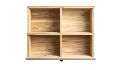 A four-compartment wooden shelf, front-facing, with a simple, natural grain