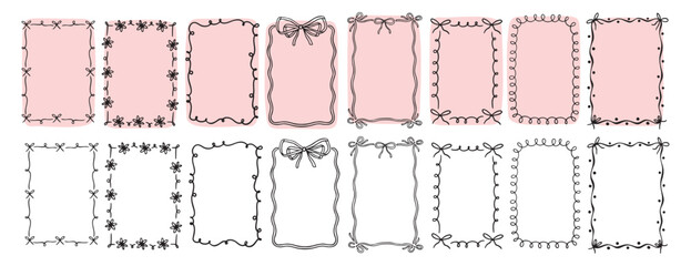 hand drawn doodle pink cute borders for wedding invitation with bows, quirky trendy whimsical frames for girl birthday, wavy borders. Empty cute line frames