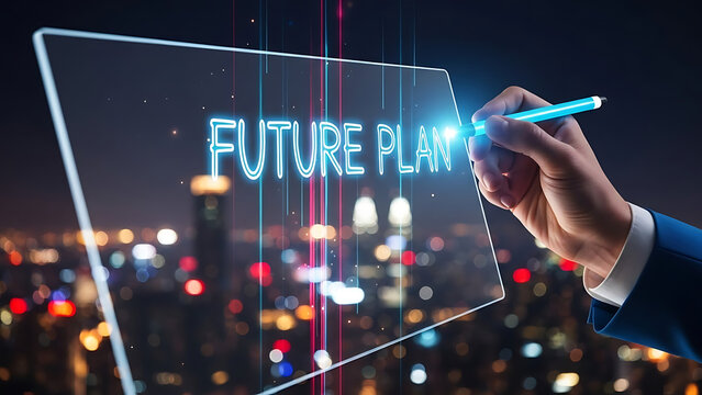 Business hand writing "FUTURE PLAN" on a holographic transparent screen with a glowing stylus against a city night skyline. - Powered by Adobe