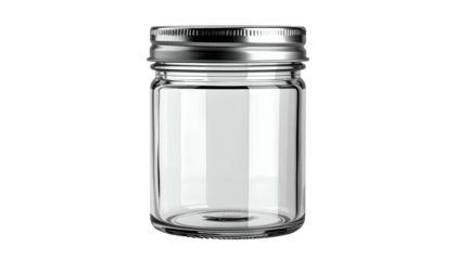 A clear, empty glass jar with a silver lid, isolated on a black background