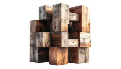A complex 3D wood structure, a puzzle-like cube, isolated on black, with varied wood tones