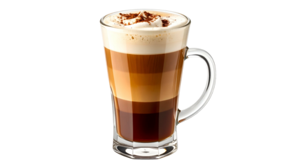 A layered coffee drink in a clear glass mug, topped with whipped cream and cocoa