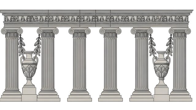 Classical Greek Roman Colonnade With Vases And Frieze Illustration architecture