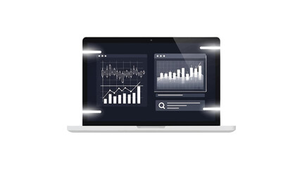 A laptop screen displays data analytics visualizations with charts and graphs, representing financial data and business analysis on a screen