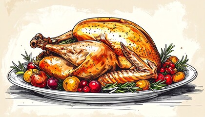 Festive Thanksgiving Turkey Feast - A Watercolor Illustration.