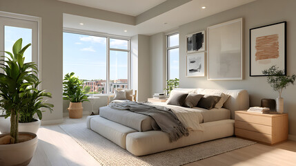 Modern minimalistic bedroom interior design, 3d visualization