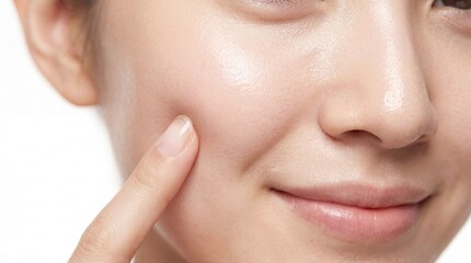 Macro shot of natural healthy skin texture: Young woman points to her hydrated cheek, emphasizing moisture, glow, and skincare effectiveness on a white background.