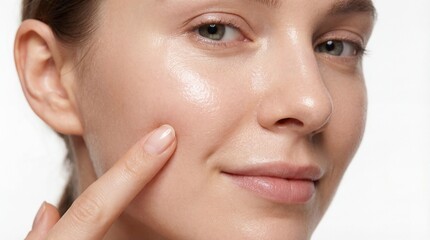 Obraz premium Close-up portrait of a young woman with radiant, hydrated skin, gently touching her cheek. Healthy natural glow, flawless complexion, and beauty routine demonstration on white background.