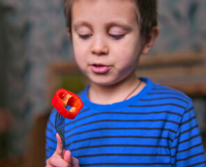 Boy Holding a Slice of Fresh Red Bell Pepper on a Fork
