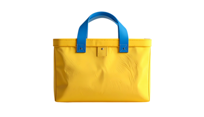A brightly colored tote bag, yellow with blue handles, isolated on a black background