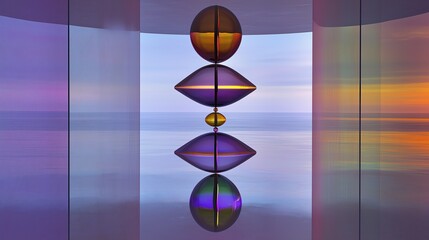 Symmetrical floating geometric shapes in purple and orange colors over ocean sunset backdrop, with reflections adding depth for surreal and minimalist concept