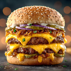 A double cheeseburger isolated on a white background: two juicy beef patties, double layers of melted cheddar cheese, pickles, onions, and a special burger sauce, served on a soft sesame seed bun
