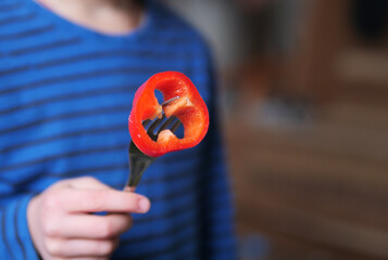 Sliced Red Bell Pepper on a Fork Held by a Child