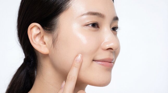 Profile of young Asian woman showcasing radiant, glass skin, gently touching her moisturized cheek, highlighting the glossy effect of premium beauty and cosmetic treatment.