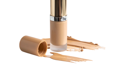 Foundation bottle with makeup strokes and opened cap on black background, showcasing skin tone