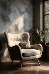 Sunlit reading corner with a mid-century modern armchair, textured upholstery, and wooden flooring. Natural light enhances the warm ambiance.