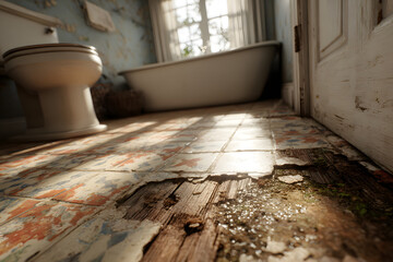 Bathroom interior, toilet, tub, and water damaged subfloor under linoleum tile, rot and mold, rental home interior damage after the tenant moves out, housing market