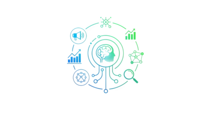 Neon circuit board design isolated on transparent background with glowing blue and green elements