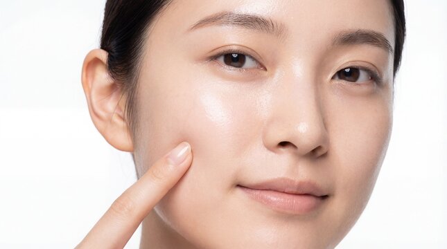 Close-up portrait of beautiful young Asian woman touching her cheek, highlighting her flawless, glowing, and perfectly moisturized skin on a clean white studio background.
