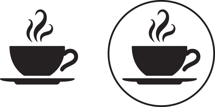 Black coffee cup icon with steaming hot beverage on white background.
