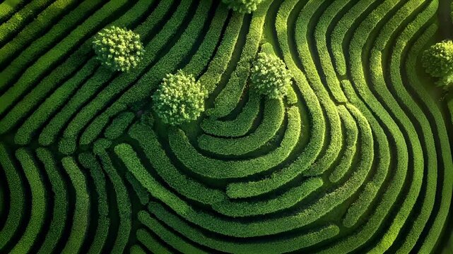 Tea industry. Tea leaves. Plantation. Culture. An aerial view of a lush green field with a circular maze pattern. The field is a vibrant green, with individual trees dotting the landscape.
