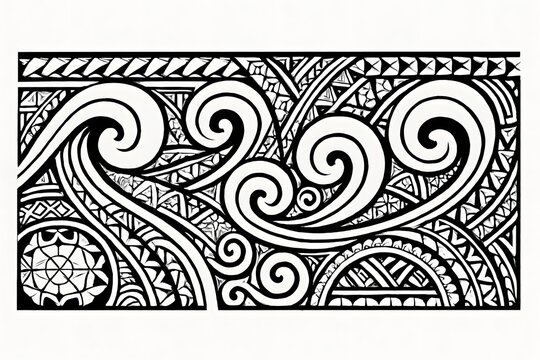 
Polynesian wave tattoo pattern in tribal style, black and white, representing the ocean and life's journey