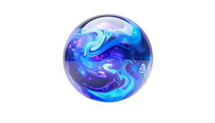 A transparent orb displays a vibrant, swirling cosmic scene with blues, purples, and sparkles