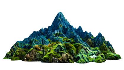 A stylized, jagged mountain range with green vegetation and a blue-toned peak