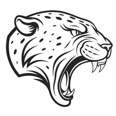 Obraz premium Fierce jaguar head roars aggressively showing sharp teeth and spotted fur texture in a profile view.