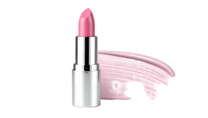 Pink lipstick in silver tube with swatch on black background, beauty product