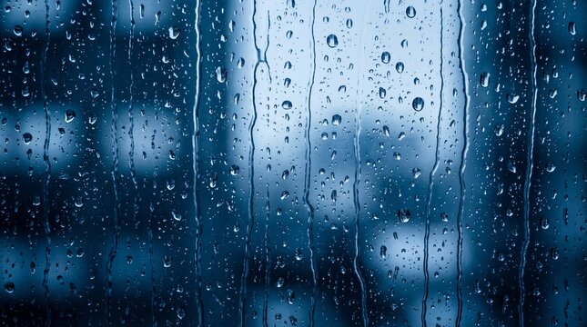 Abstract dark blue texture background of rain running down a wet windowpane, creating a moody, atmospheric weather pattern with macro water droplets and streaks.