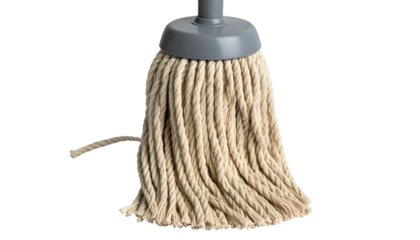 Close-up of a household cleaning tool, featuring a grey head and absorbent cotton strands