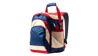 A tri-color backpack, featuring red, blue, and tan panels, with a top handle and side pocket