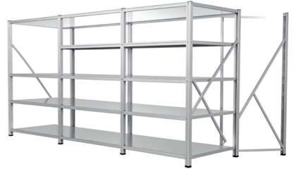 Render of an industrial shelving system, silver metal frame, open shelves, white background