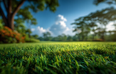 Beautiful blurred background image of spring nature with a neatly trimmed lawn surrounded by trees against a blue sky with clouds on a bright sunny day.