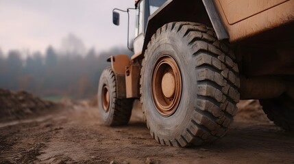 A close up view of a heavy construction vehicle s large tire on a dusty muddy construction site