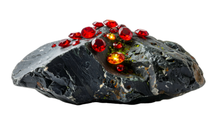 Shiny red gems adorn a rough black stone, isolated on black background