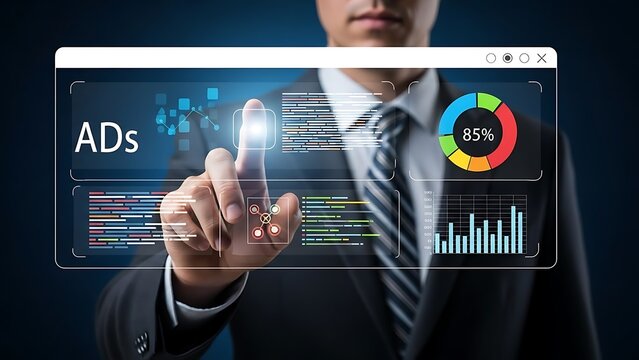 Businessman interacting with virtual data analysis and statistics on a transparent screen with ads - Powered by Adobe