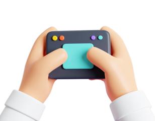 Cartoon 3d illustration of hands holding a digital camera on a black background