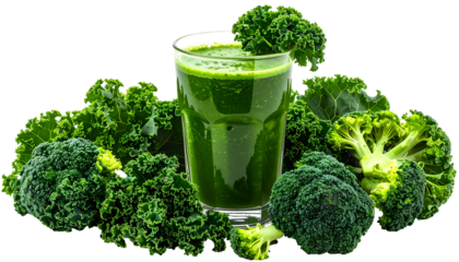 Green smoothie in a glass surrounded by kale and broccoli, healthy eating concept