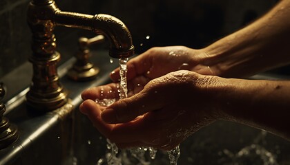 Close-Up of cupped Hands Catching Water from a Vintage Brass Faucet