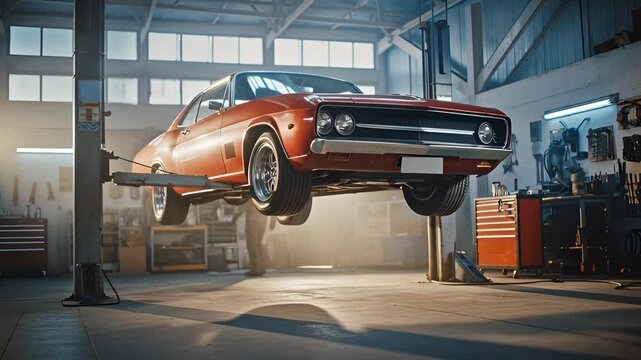 Classic red muscle car is lifted on a hydraulic lift in a professional auto repair shop. Mechanic performing vehicle diagnostics and maintenance service in a spacious garage