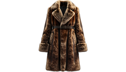 A luxurious, long, brown fur coat with a belt, collar, and cuffs