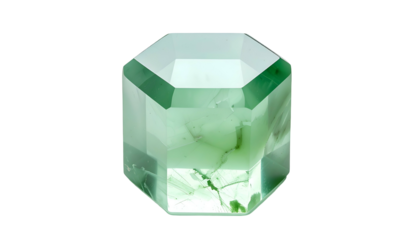 A translucent, hexagonal gem with varied shades of green, set against a stark black background