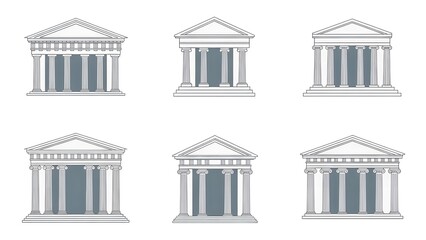 Six Grey Outline Illustrations of Classical Greek Temples stock image
